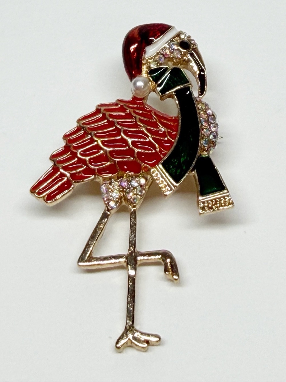 Vintage Enamel Holiday Flamingo Brooch